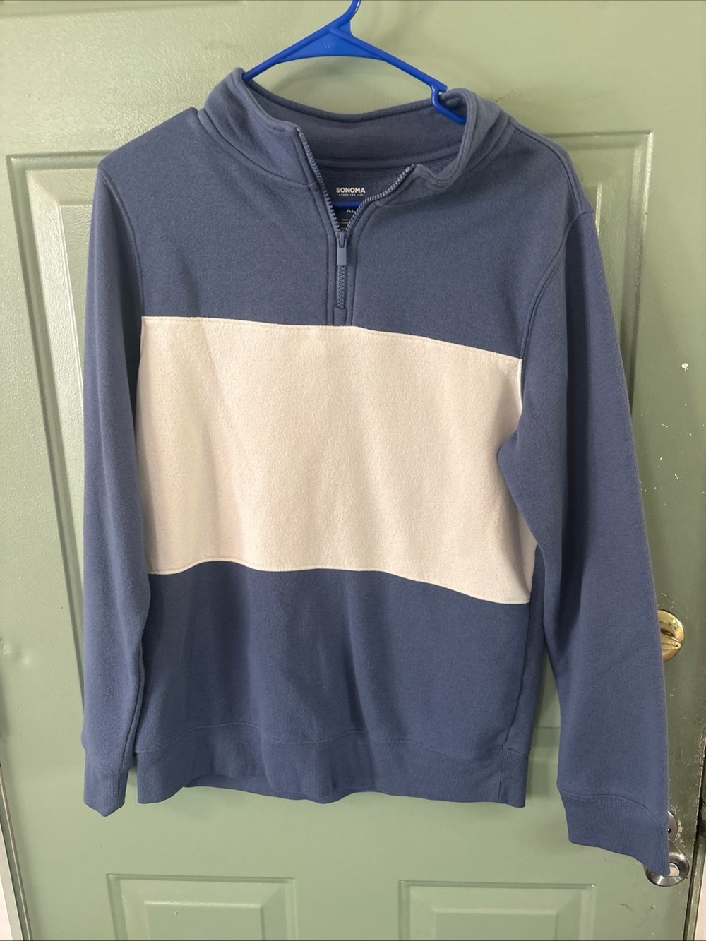 Sonoma Men's Blue and White Colorblock Quarter-Zip Pullover
